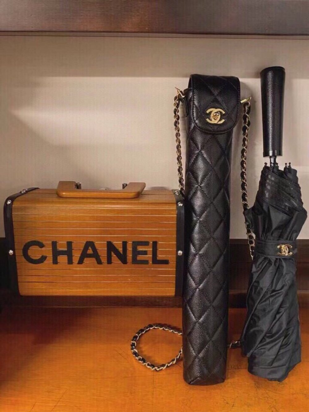 Chanel Black Quilted Umbrella with Case